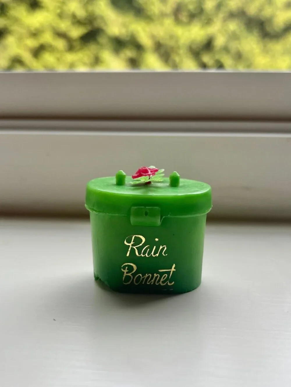 Vintage Meier & Frank Rain Bonnet Green Plastic Mini Purse Case Pink Flower